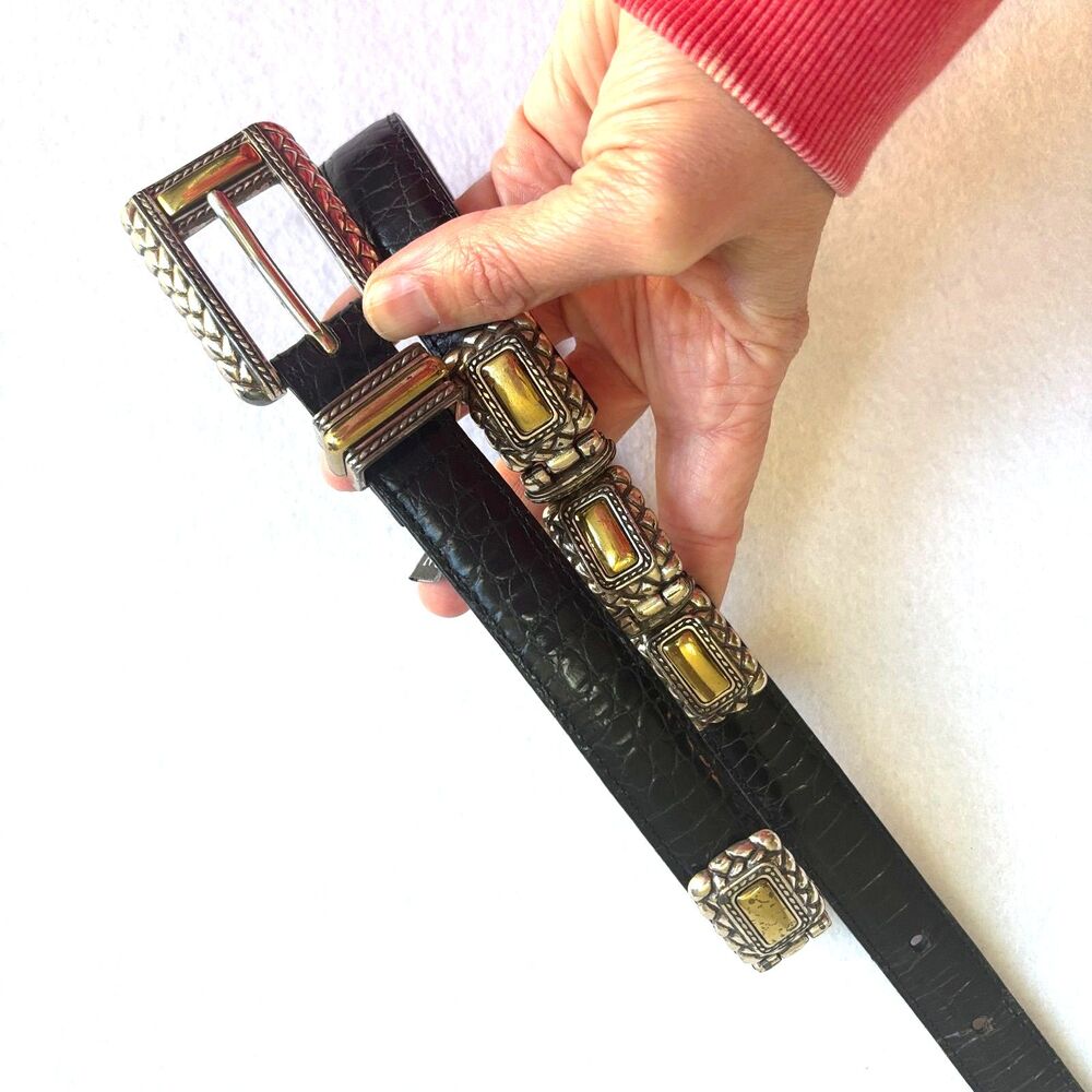 Brighton Black Leather Belt Croc Embossed Women M Silver Hardware Western #44203